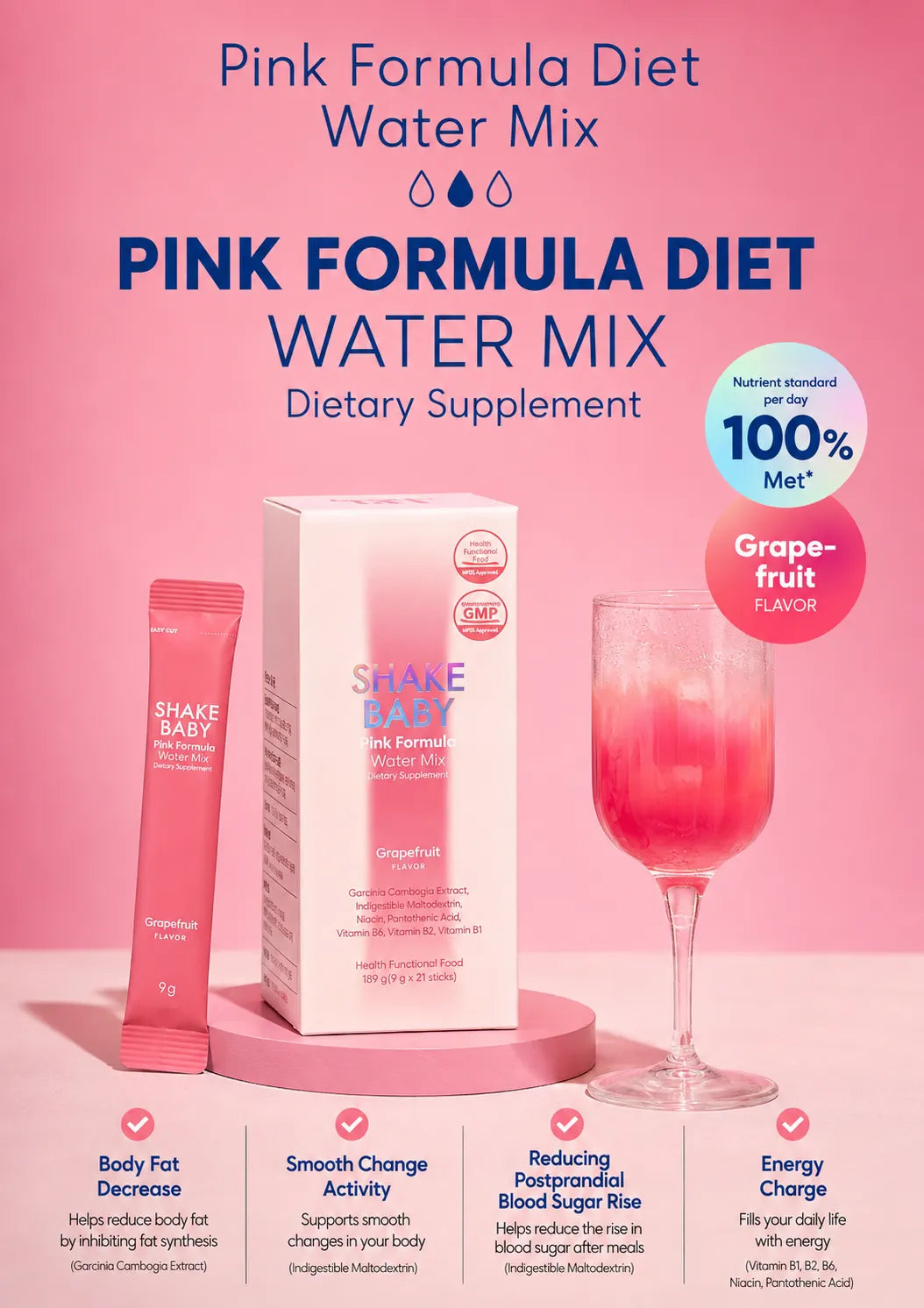 Pink Formula Diet Water Mix dietary supplement by Shake Baby, featuring a pink box, a pink tube, and a glass of pink drink on a pink background with promotional text.