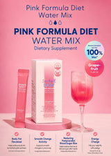Pink Formula Diet Water Mix dietary supplement by Shake Baby, featuring a pink box, a pink tube, and a glass of pink drink on a pink background with promotional text.