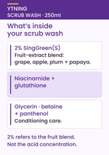 YTNING scrub-wash ingredients: 2 percent SingGreen(S) fruit-extract blend, niacinamide, glutathione, glycerin, betaine and panthenol.