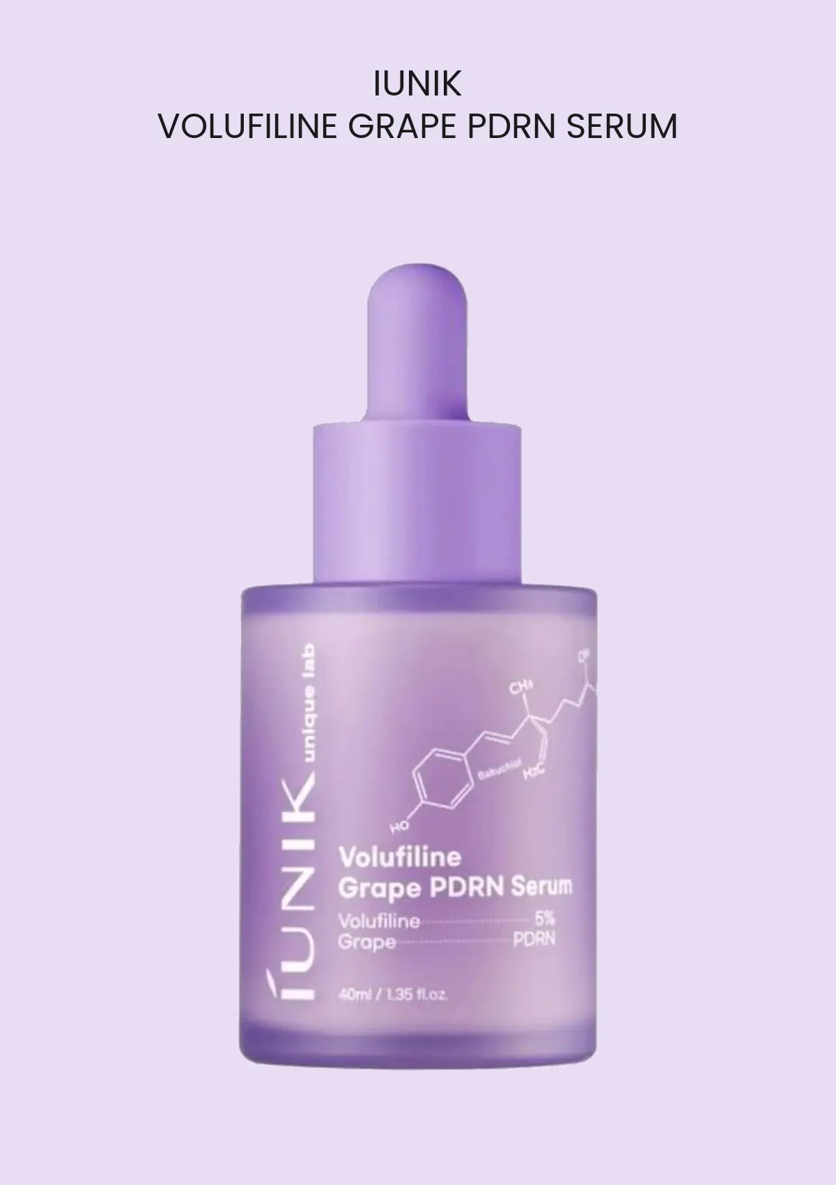 iUNIK Volufiline Grape PDRN Serum 40ml purple bottle on lavender background