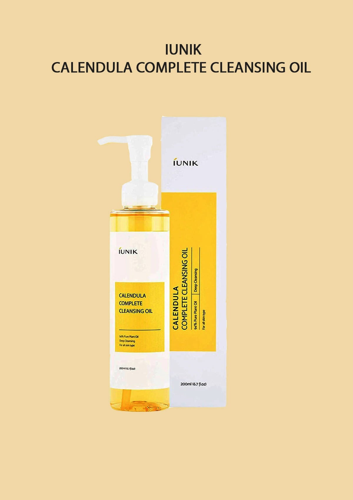 iUNIK Calendula Complete Cleansing Oil with pump bottle and packaging on beige background