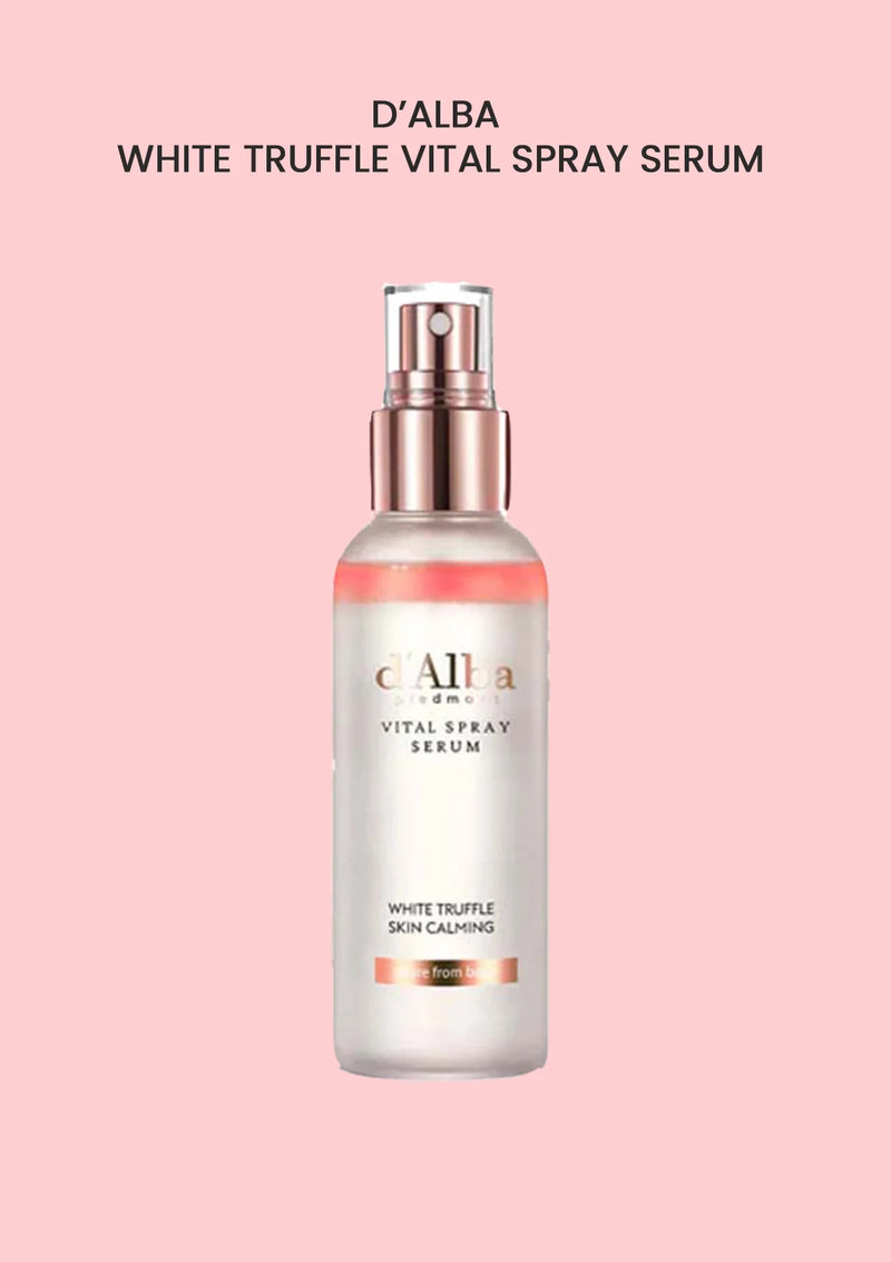D'Alba White Truffle Vital Spray Serum bottle on a pink background