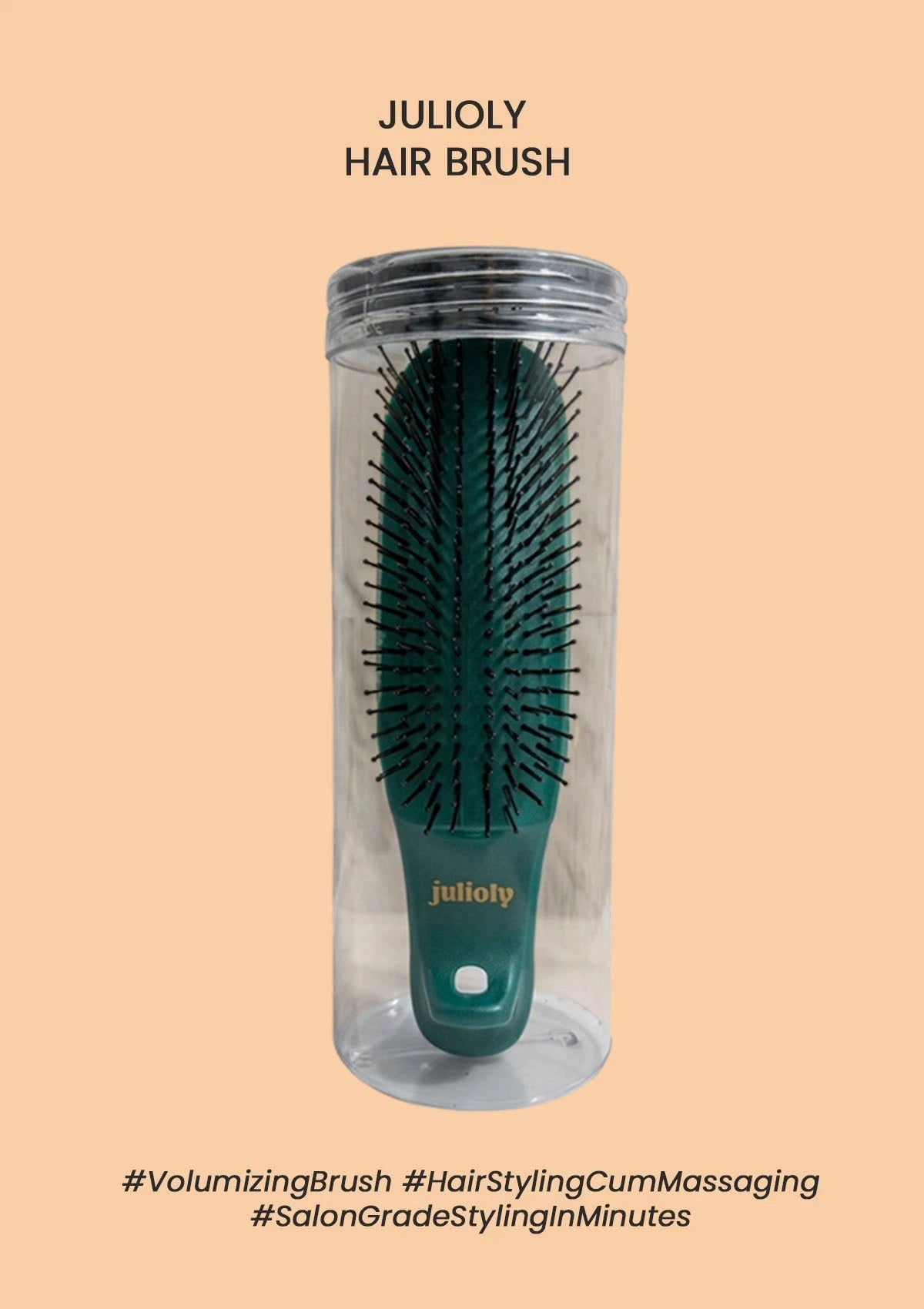 Green hair brush in a clear cylindrical container on a beige background