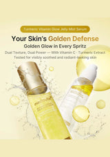 Medicube Turmeric Vitamin Glow Jelly Mist Serum with product packaging on a light yellow background