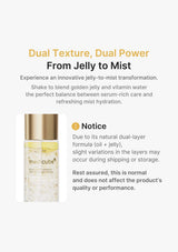 Product packaging with text about dual texture and transformation from jelly to mist.