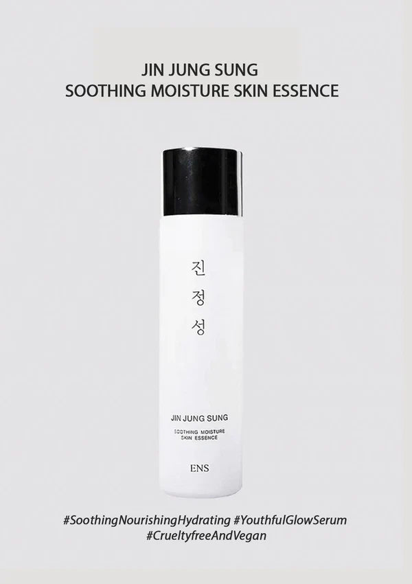 Jin Jung Sung Soothing Moisture Skin Essence in a tall white bottle with a black cap, centered on a light gray background with product text above and hashtags below.