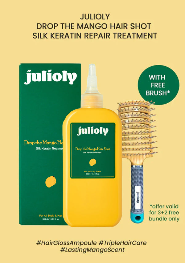 Julioly hair care product set with bottle, box, and brush on a beige background