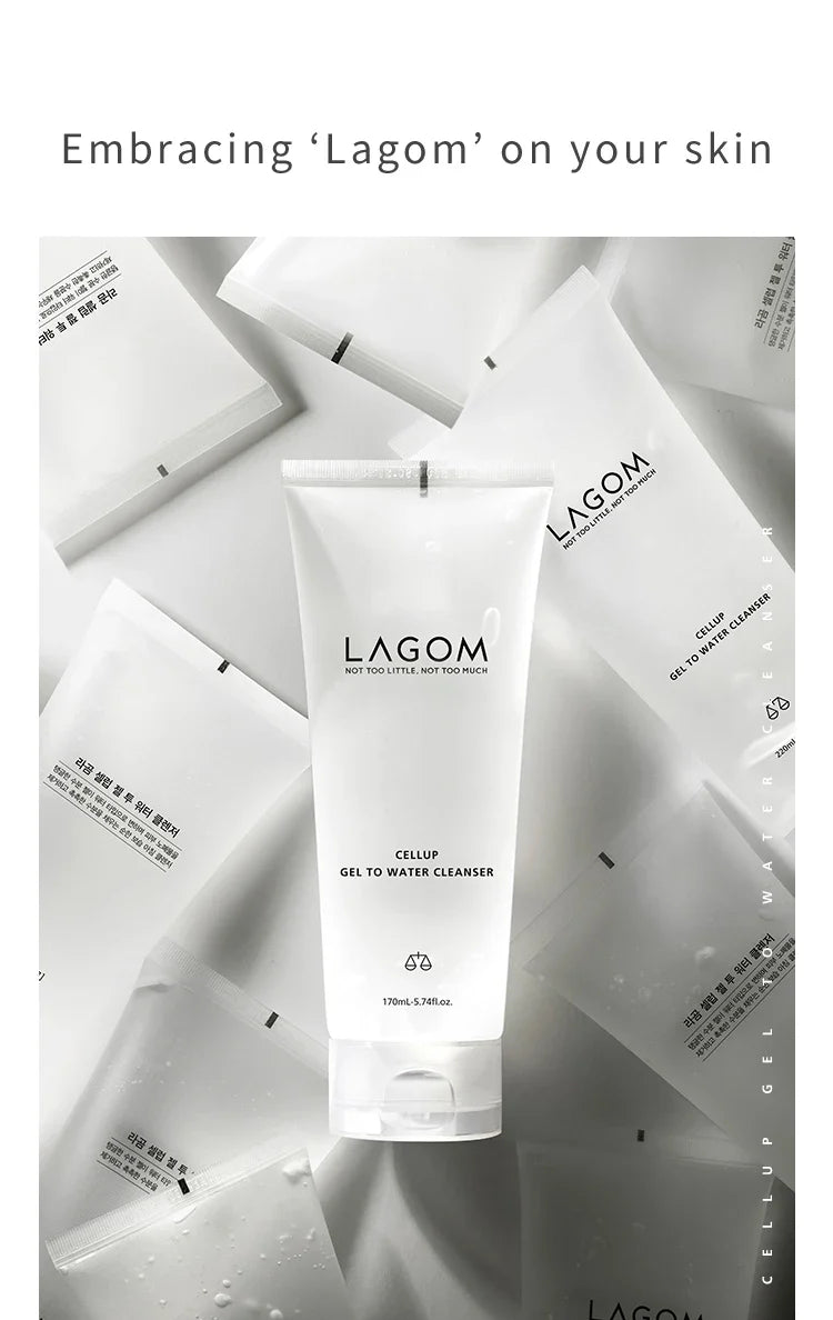 LAGOM Cellup Gel To Water Cleanser 170ml tube surrounded by product sachets