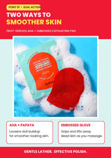 LAUNDRYOU Red Glove showing naturally derived AHA and embossed exfoliating-pad dual action
