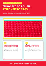 Close-up of the LAUNDRYOU Red Glove embossed fabric and reinforced stitched edge