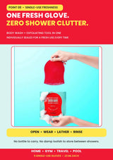 Individually packed single-use LAUNDRYOU Red Gloves for convenient body cleansing anywhere