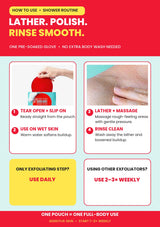 How to use LAUNDRYOU Red Glove with soaking, lathering, exfoliating and rinsing frequency guidance