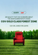 Red chair on grass with CGV and LEAFIN branding, set against a green forest background.