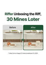 Before and after comparison of a kitchen setup with text overlay on a white background
