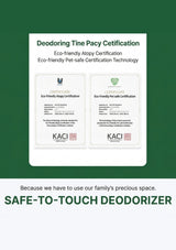 Certifications for eco-friendly pet-safe technology on a green background with text about safe-to-touch deodorizer.
