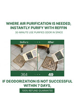 Advertisement for Reffin air purification device showing before and after effect on a tiled floor.