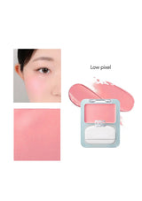 Makeup product with close-up of application on skin and color swatch.