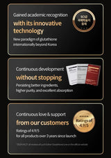 A promotional infographic on a black background with three horizontal panels containing text in English and Korean, gold accents, and small product photos including a supplement box and a red booklet.