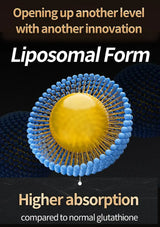 A promotional graphic for a liposomal form of glutathione, featuring a 3D illustration of a liposome with a yellow core and blue outer membrane. The text reads 'Opening up another level with another innovation Liposomal Form' at the top and 'Higher absorption compared to normal glutathione' at the bottom, set against a dark background.