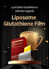 Promotional graphic for 'Liposome Glutathione Film' by Lyuh Esther Glutathione's Ultimate Upgrade, featuring a red product box, a gold trophy, and a white sachet on a pedestal against a black background with gold confetti.