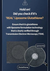 An informational graphic on a dark blue background with text about verifying 'REAL' Liposome Glutathione and two small scientific micrographs showing circular lipid structures labeled Liposome and Glutathione.