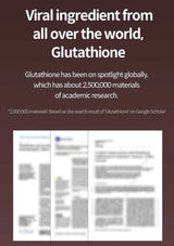 A promotional graphic with a dark brown background and white text about glutathione, including a quote and three blurred document screenshots at the bottom.