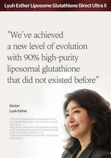 A promotional graphic with a large quote about liposomal glutathione on a light background, the text 'Lyuh Esther Liposome Glutathione Direct Ultra X' at the top, and a portrait of Doctor Lyuh Esther in the lower right corner.