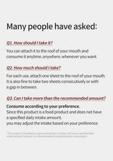 An informational graphic with the heading 'Many people have asked:' and three Q&A sections explaining how to use a tongue-coated dental product. The text is black with red headings on a light gray background.