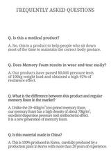 Text-based FAQ document about a product related to memory foam and body posture.