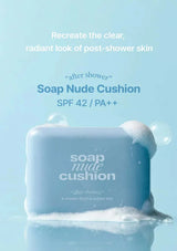 Soap Nude Cushion with text on a light blue background