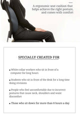 Ergonomic seat cushion with text about its benefits for specific user groups.