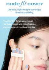 Product advertisement for 'nude fit cover' with a close-up of a person wearing it.