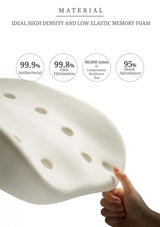 White memory foam pad held by a hand with material properties displayed above.