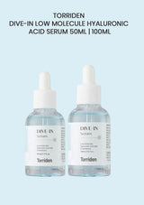 Two bottles of Torriden Dive-In Low Molecular Hyaluronic Acid Serum on a light blue background