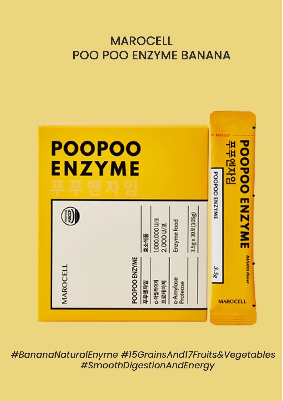 Marocell Poopoo Enzyme Banana package on a beige background