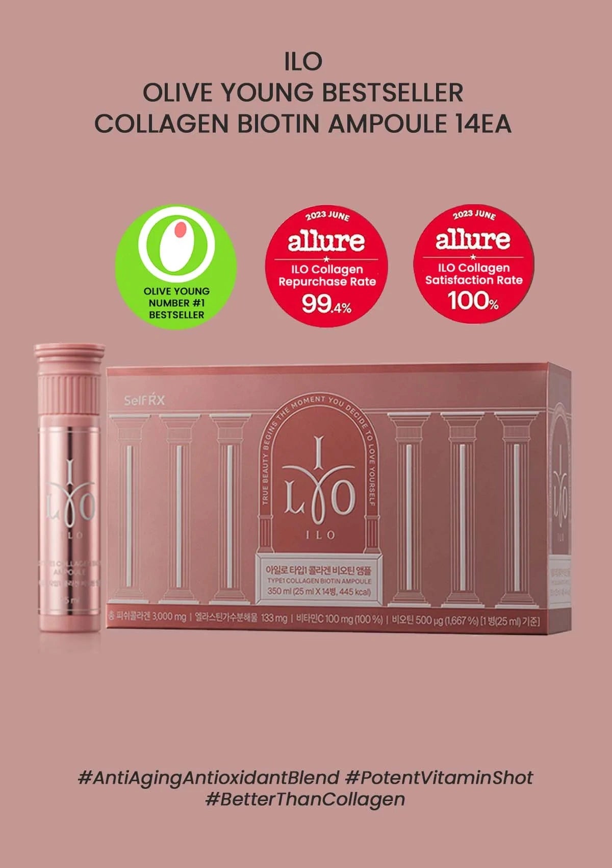 ILO Olive Young Collagen Biotin Ampoule packaging on a pink background with brand logos and product details.