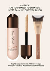 MAKEHEAL foundation product set with brush and applicator on a white background