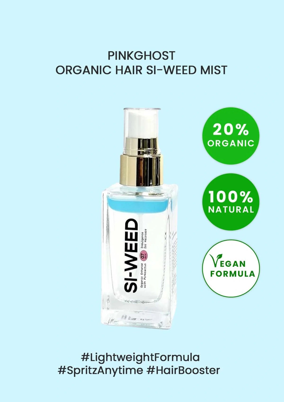 Si-Weed hair mist bottle with organic and natural features on a light blue background