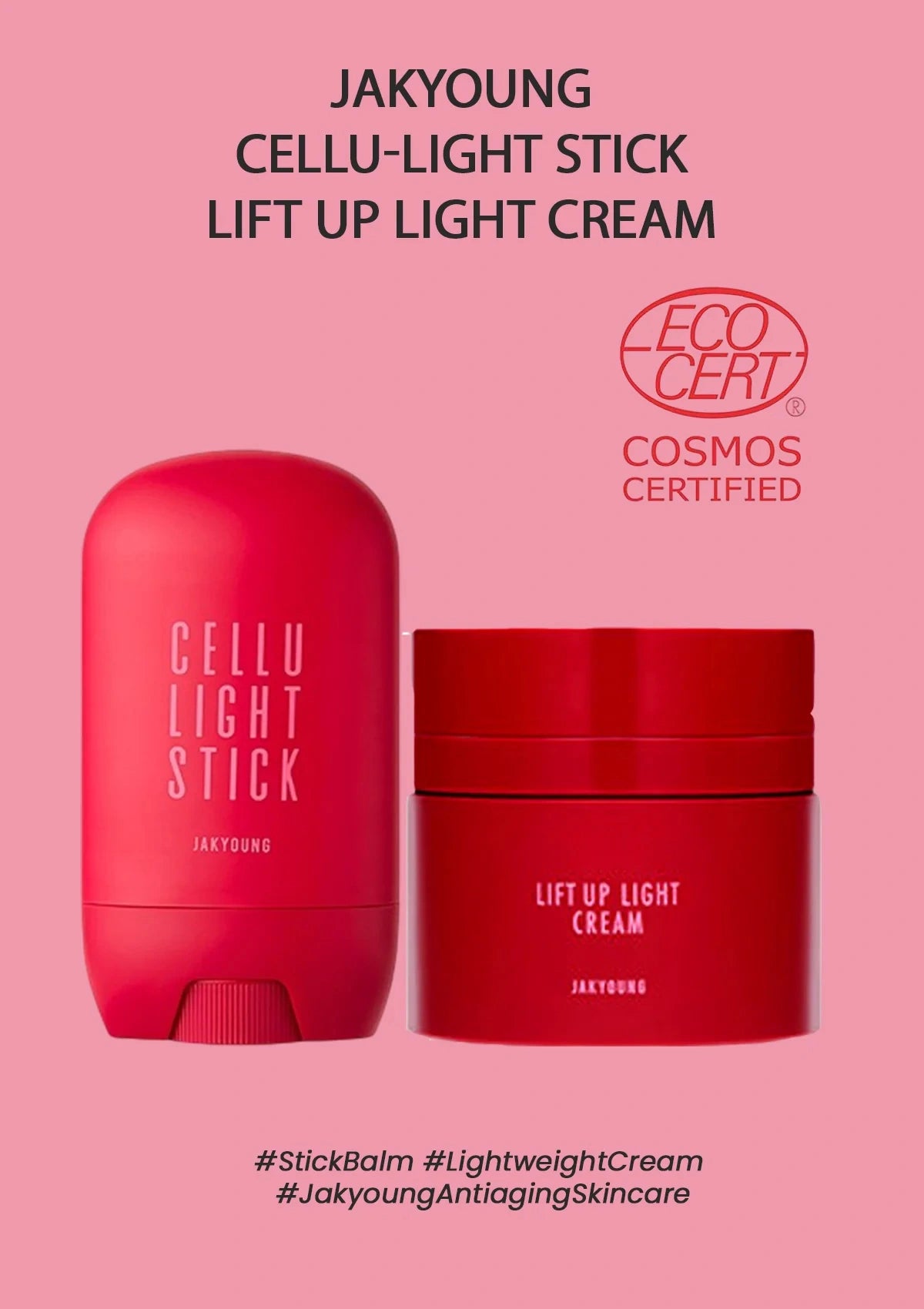 Jakyoung Cellu-Light Stick and Lift Up Light Cream on a pink background with EcoCert certification logo.