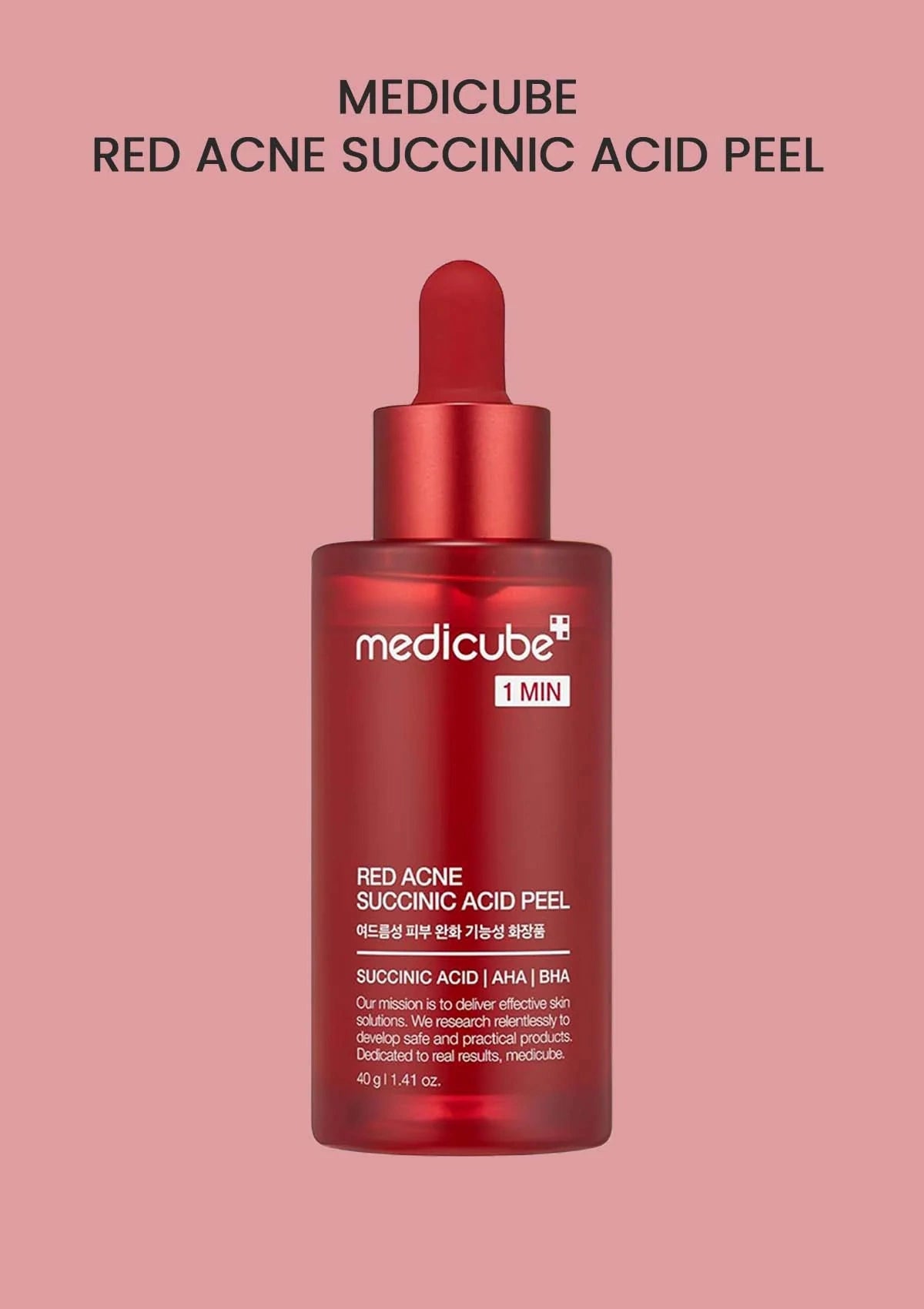 Red Acne Succinic Acid Peel bottle by Medicube on a pink background