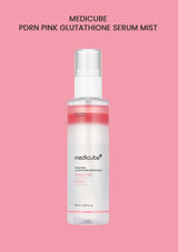 Medicube PDRN Pink Glutathione Serum Mist bottle on a pink background