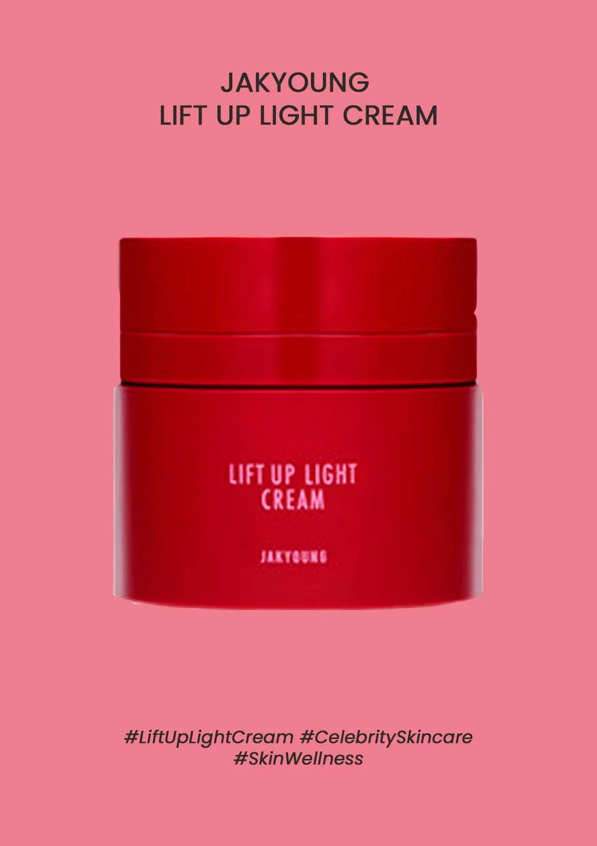 Red jar of Jakyung Lift Up Light Cream on a pink background