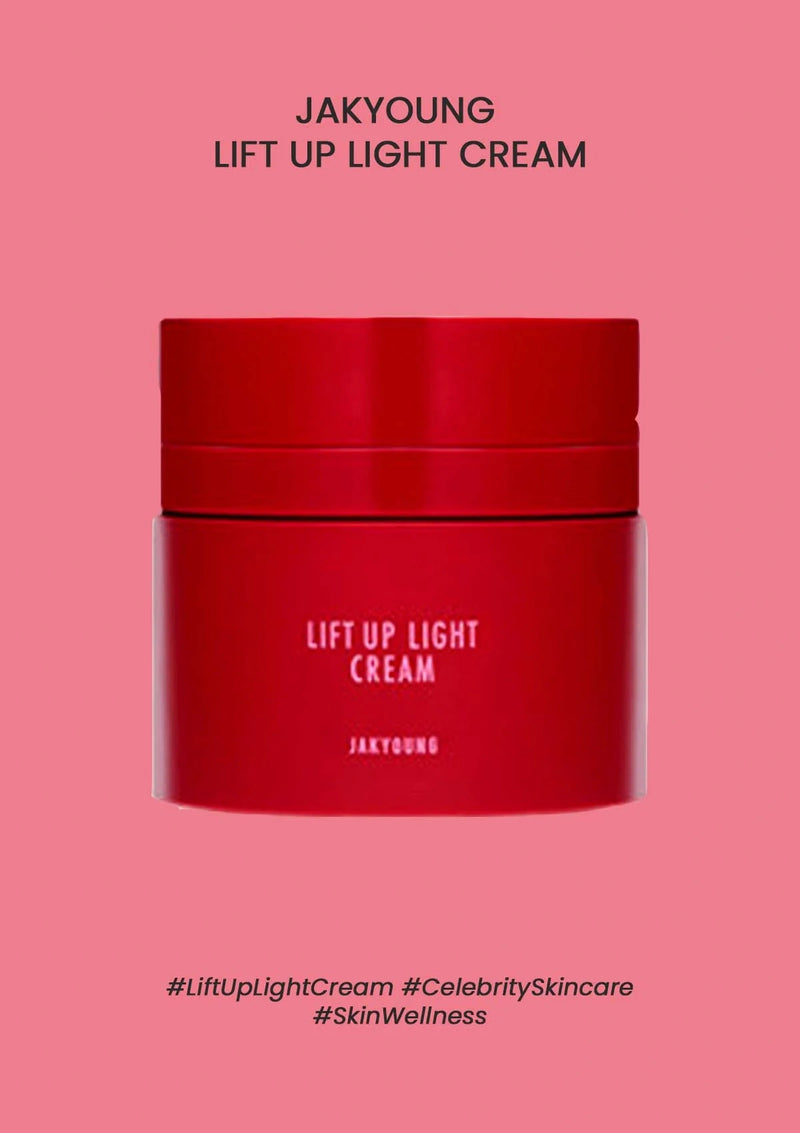 Red jar of Jakyung Lift Up Light Cream on a pink background