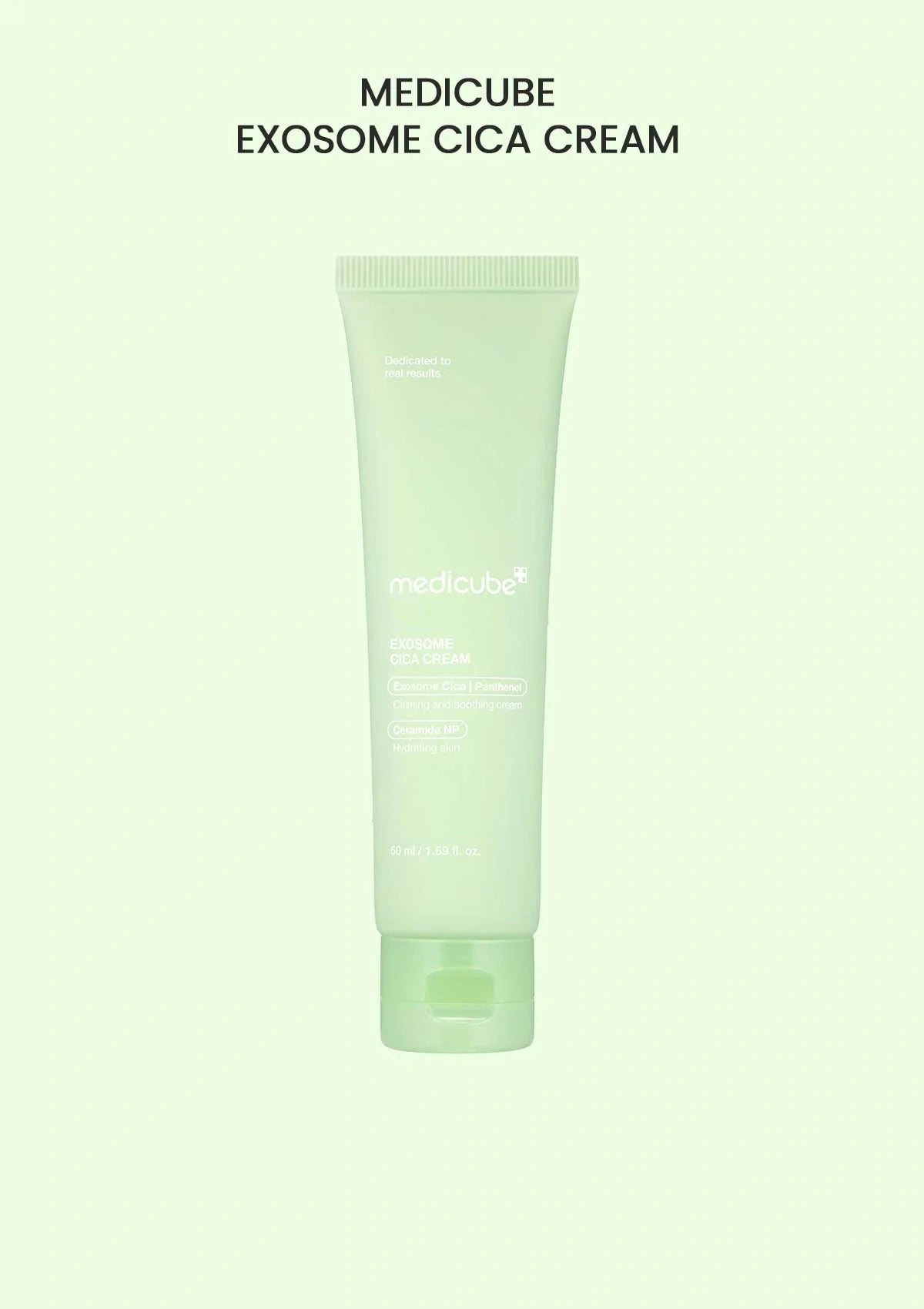 Tube of Medicube Exosome Cica Cream on a light green background
