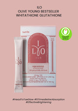 ILO skincare product packaging on a pink background with branding and product details.