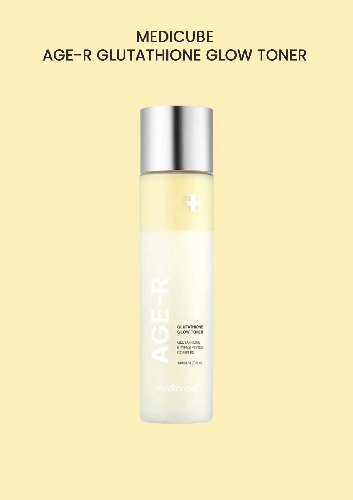 Medicube AGE-R Glutathione Glow Toner bottle on a beige background