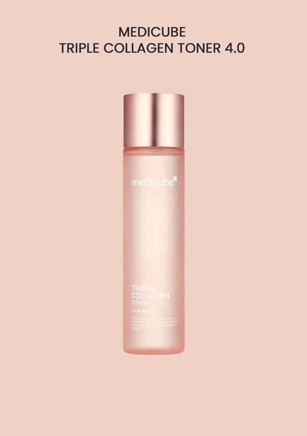 Medicube Triple Collagen Toner 4.0 bottle on a pink background