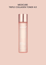 Medicube Triple Collagen Toner 4.0 bottle on a pink background