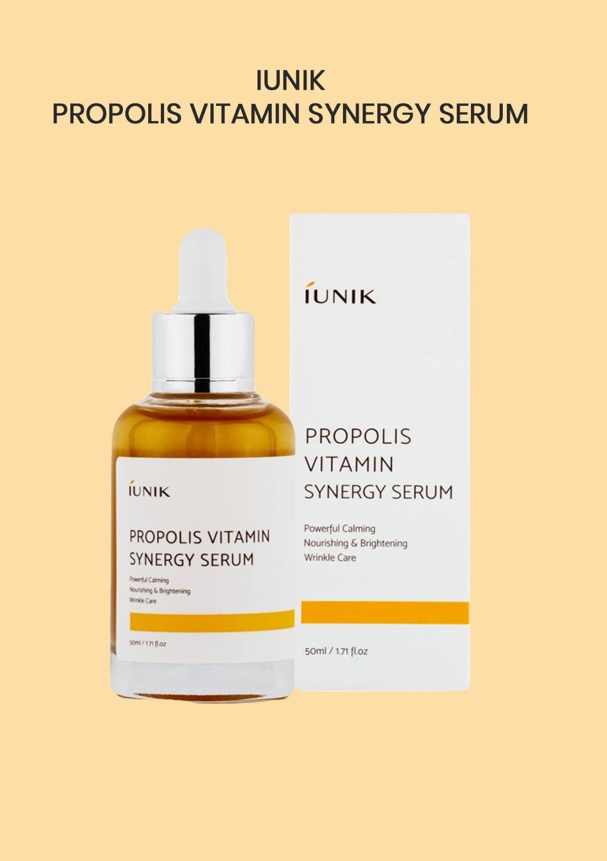 IUNIK Propolis Vitamin Synergy Serum with dropper and packaging on a beige background