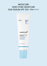 Medicube Zero Pore Moisture Sun Serum SPF 50+ PA++++ on a light blue background